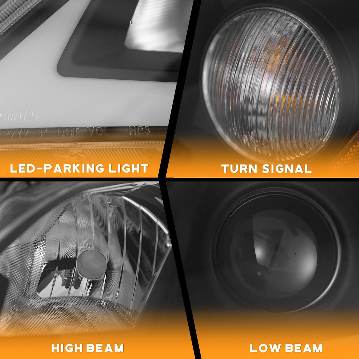 Black Headlight Assembly with Sequential Turn Signal Left+Right Pair E712