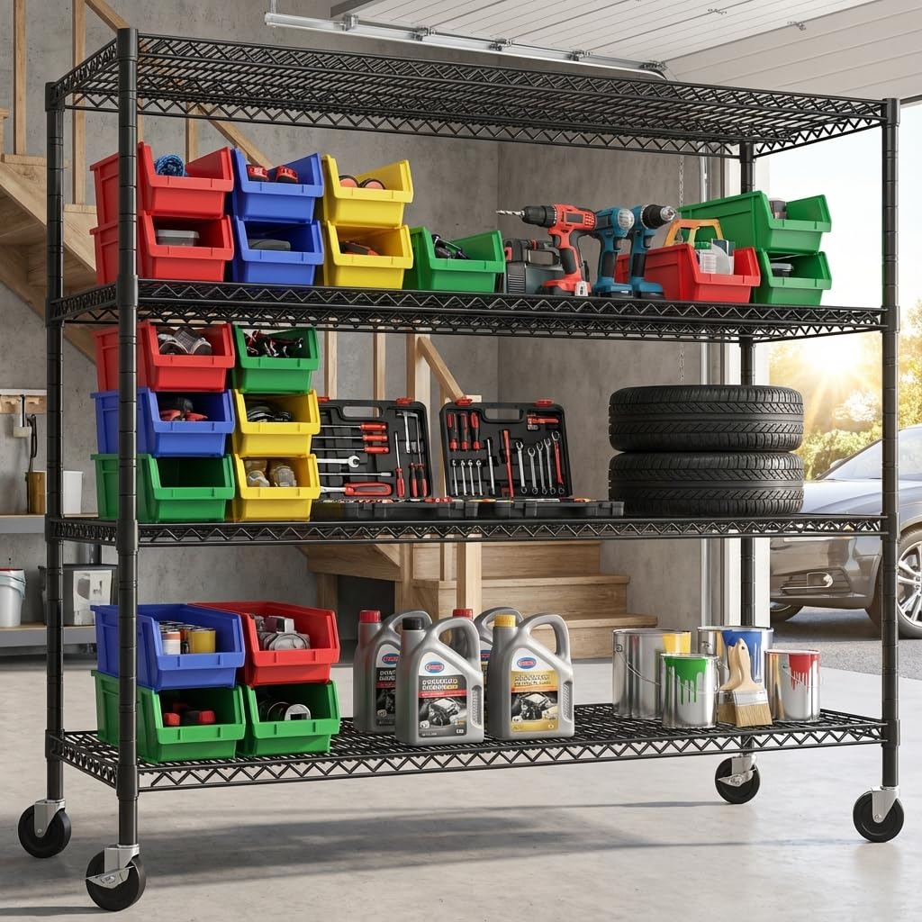 4-Tier Heavy Duty Metal Shelving Unit with Wheels O9674
