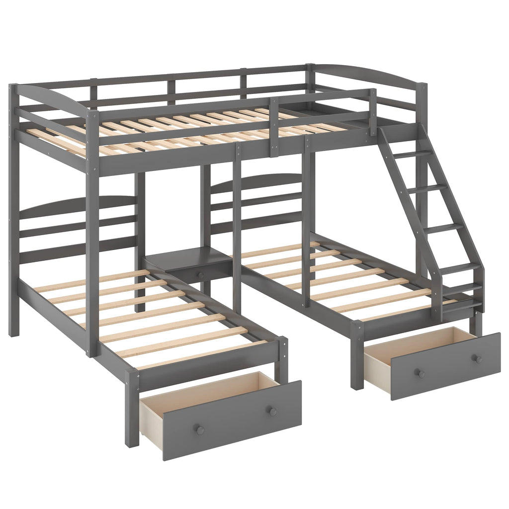 Full Over 2 Twin Wood Triple Bunk Bed with 3 Drawers and Guardrails A999838