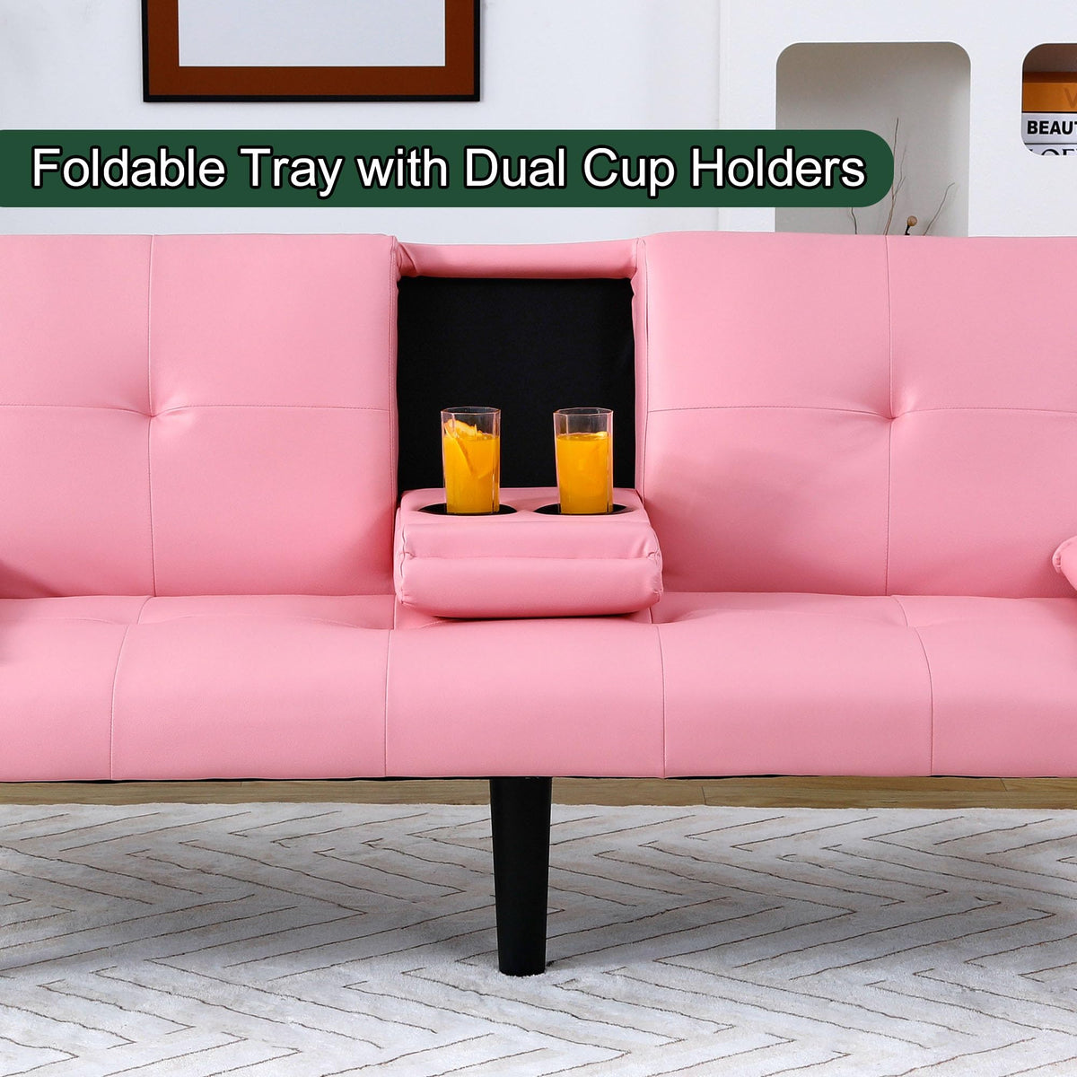 67" Convertible Sofa Bed with Cup Holders, Pink D27697