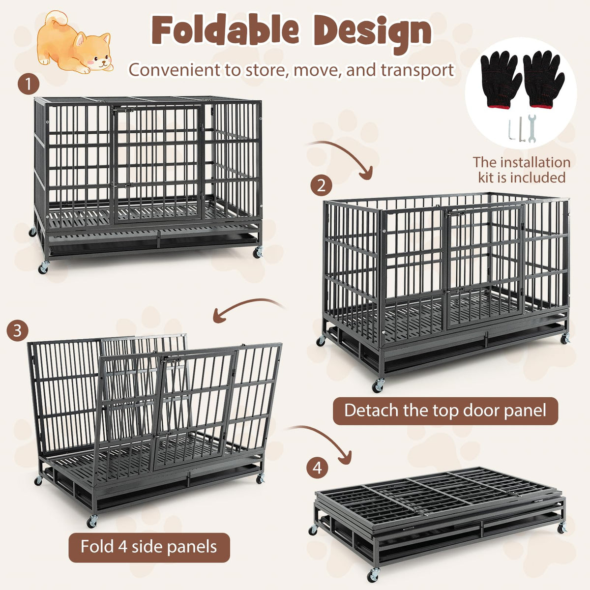 48 Inch Foldable Metal Dog Crate with 2 Lockable Doors W807331