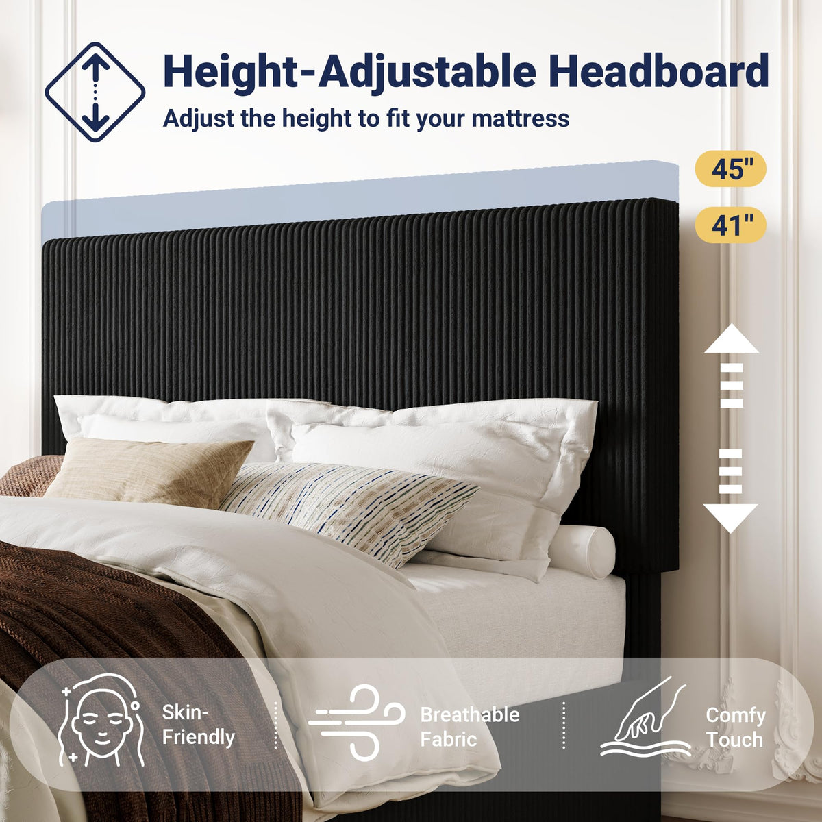 Queen Bed Frame with Adjustable Corduroy Headboard K99949