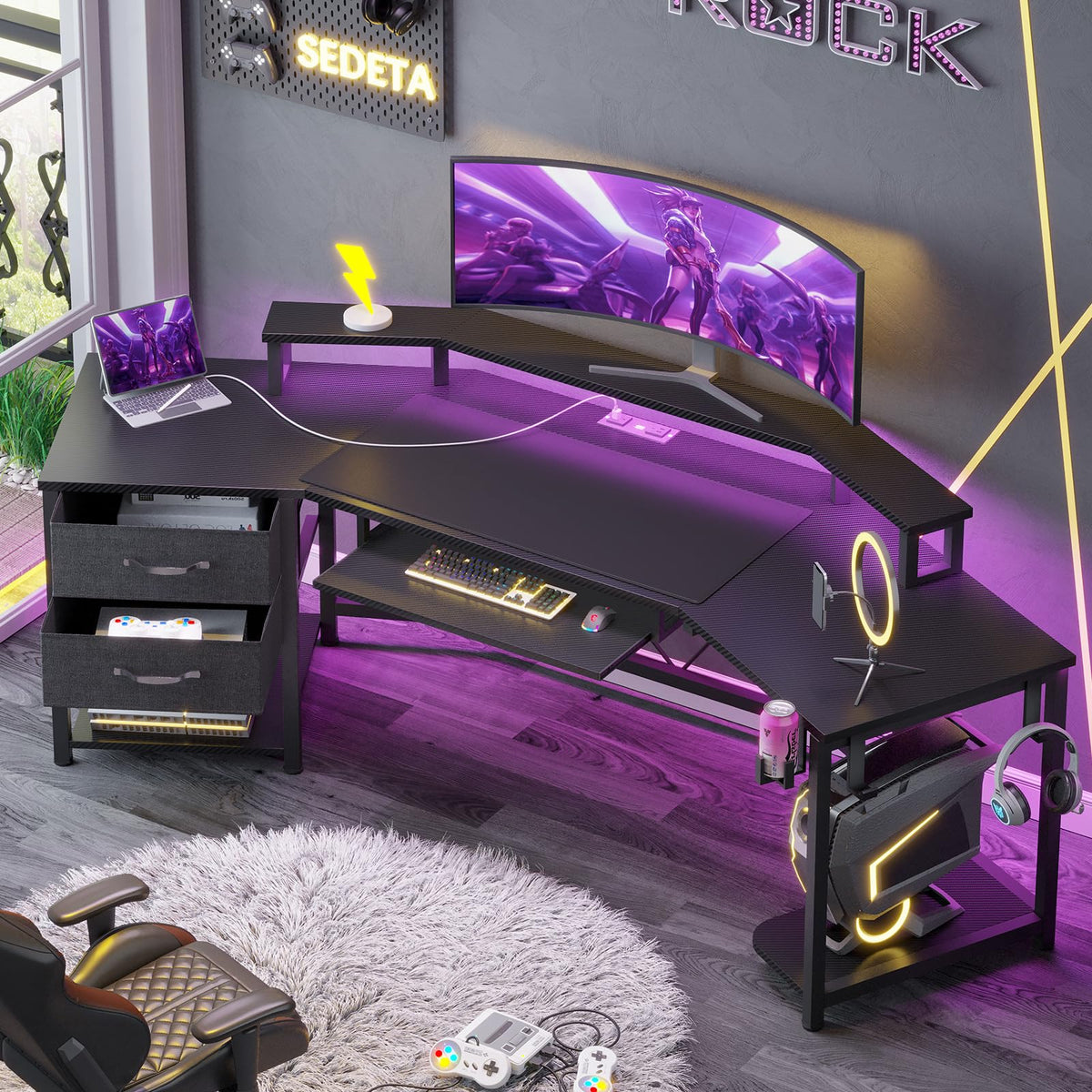 79" Gaming Desk with Fabric Drawers Storage X2021