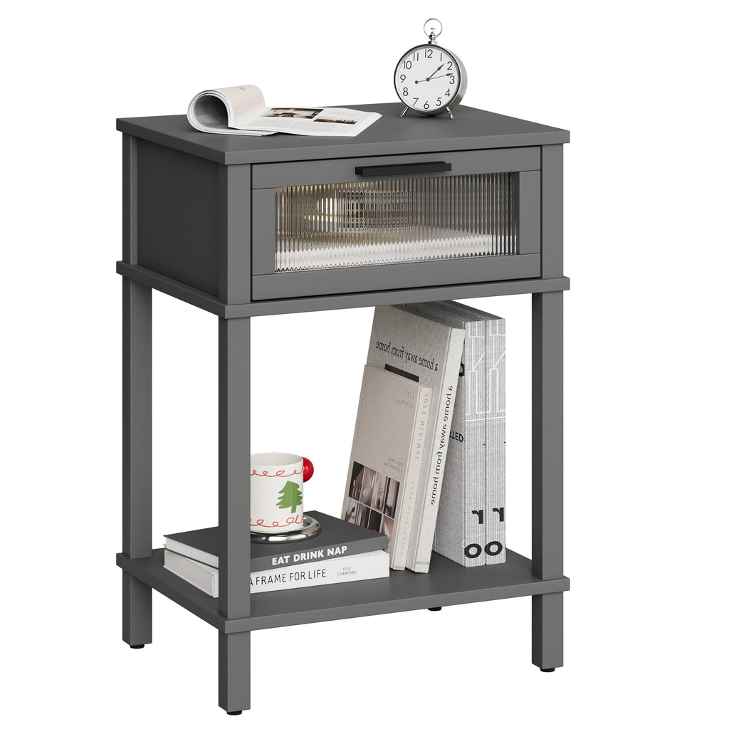 Grey Wooden Nightstand with Drawer and Storage Shelf V24022