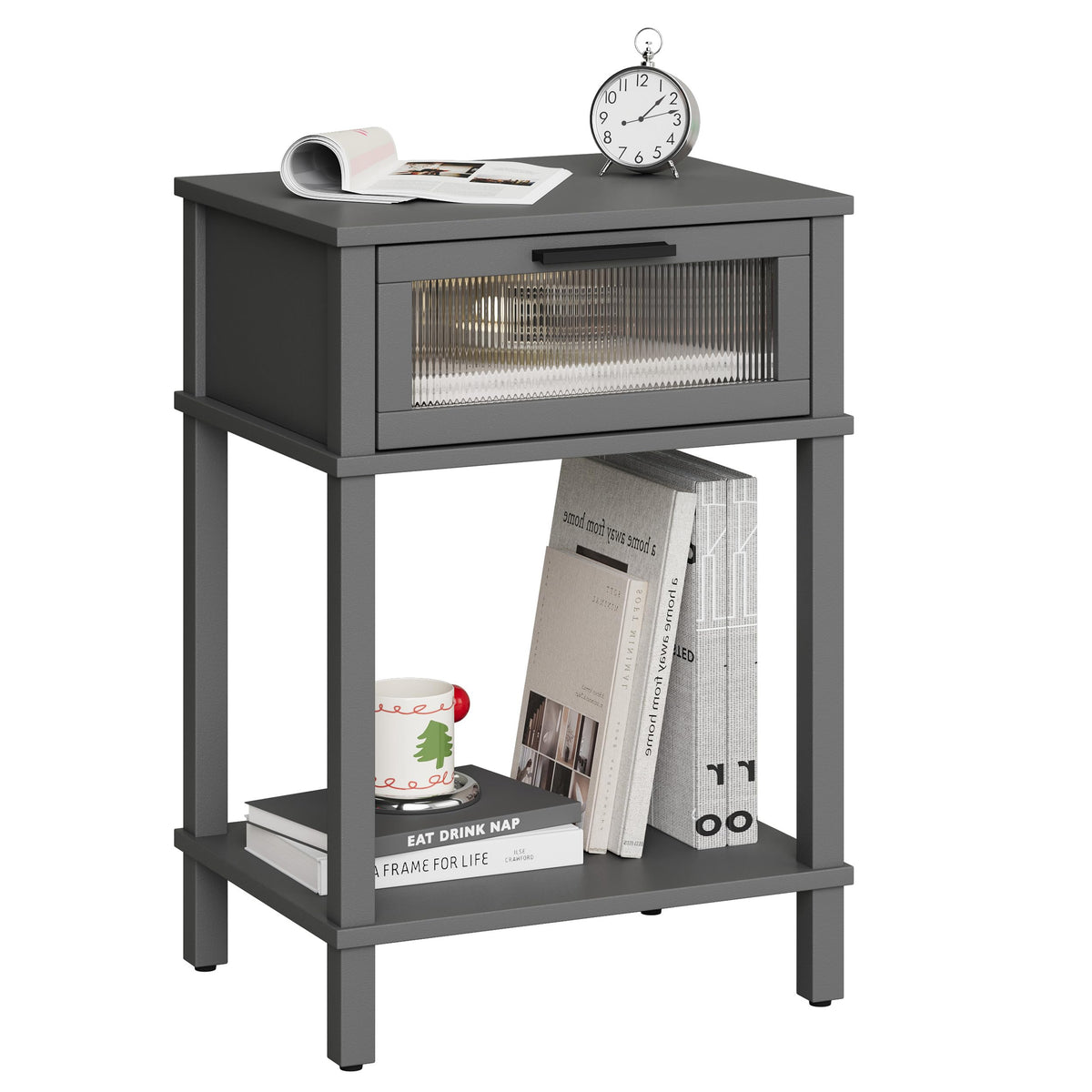 Grey Wooden Nightstand with Drawer and Storage Shelf V24022