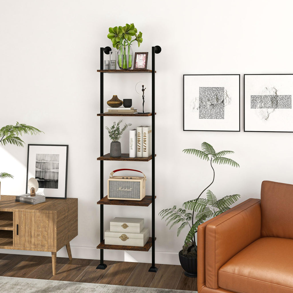 5-Tier Ladder Shelf Black Metal Frame Rustic Brown N46478
