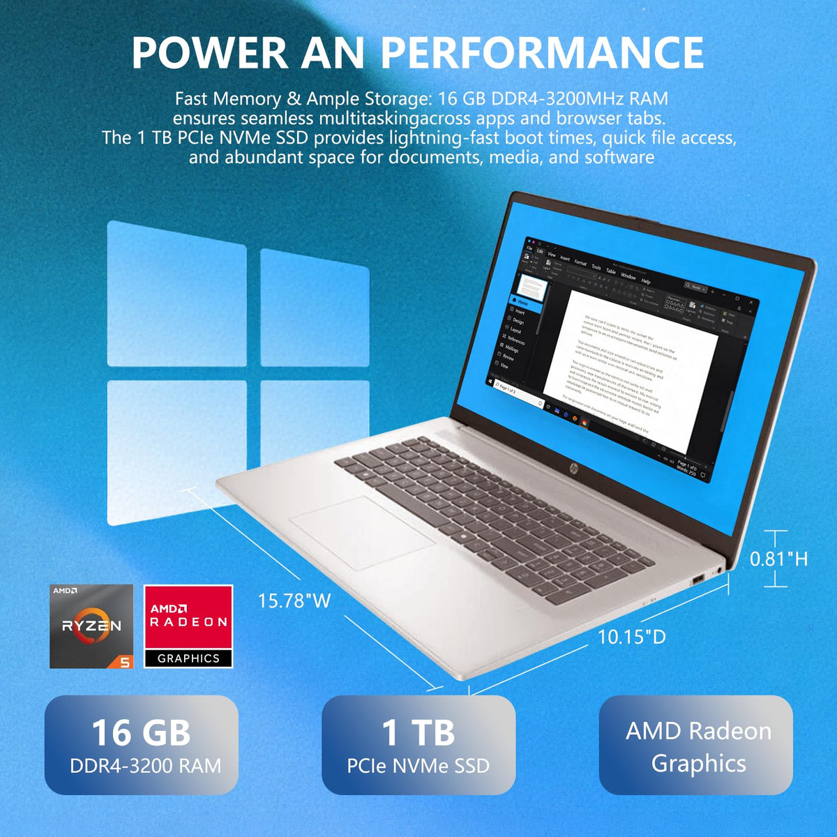 17.3" Touch Screen Laptop, 32GB RAM, 1TB SSD, AMD Ryzen 5, Windows 11 Pro, Silver K9671