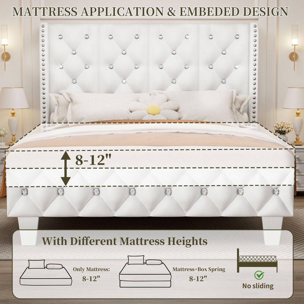 White Upholstered Full Size Bed Frame with Headboard A149802
