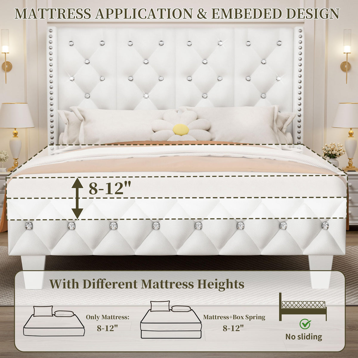 White Upholstered Full Size Bed Frame with Headboard A149802