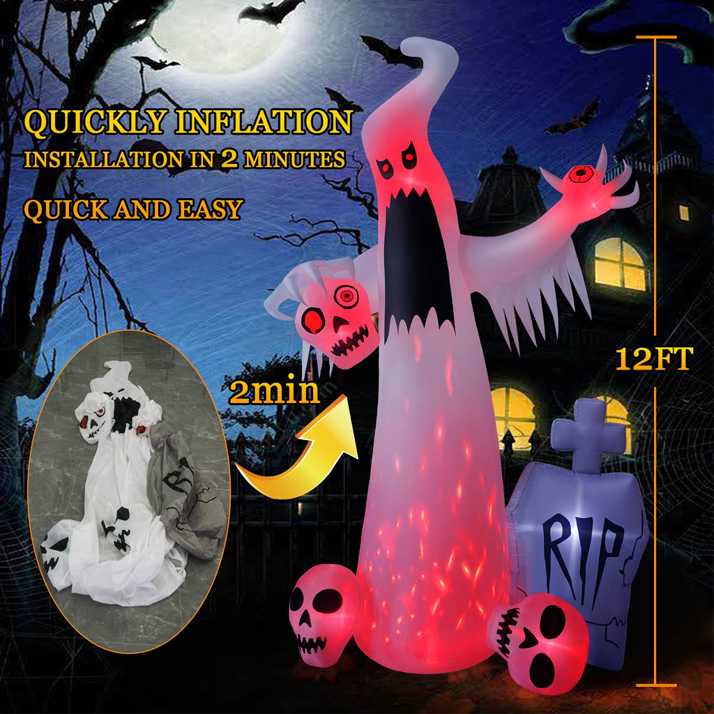 12 FT Halloween Inflatables Ghost with 3 Skulls C9318