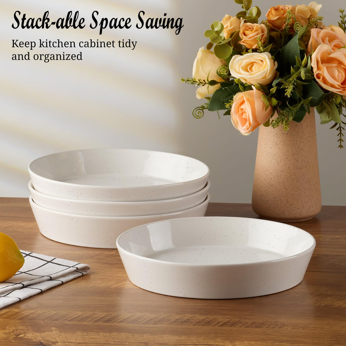 34oz Stoneware Pasta Bowls Set of 4 Speckled White M5834