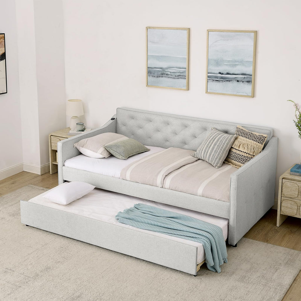 Beige Fabric Upholstered Twin Size Daybed with Pop up Trundle P5315