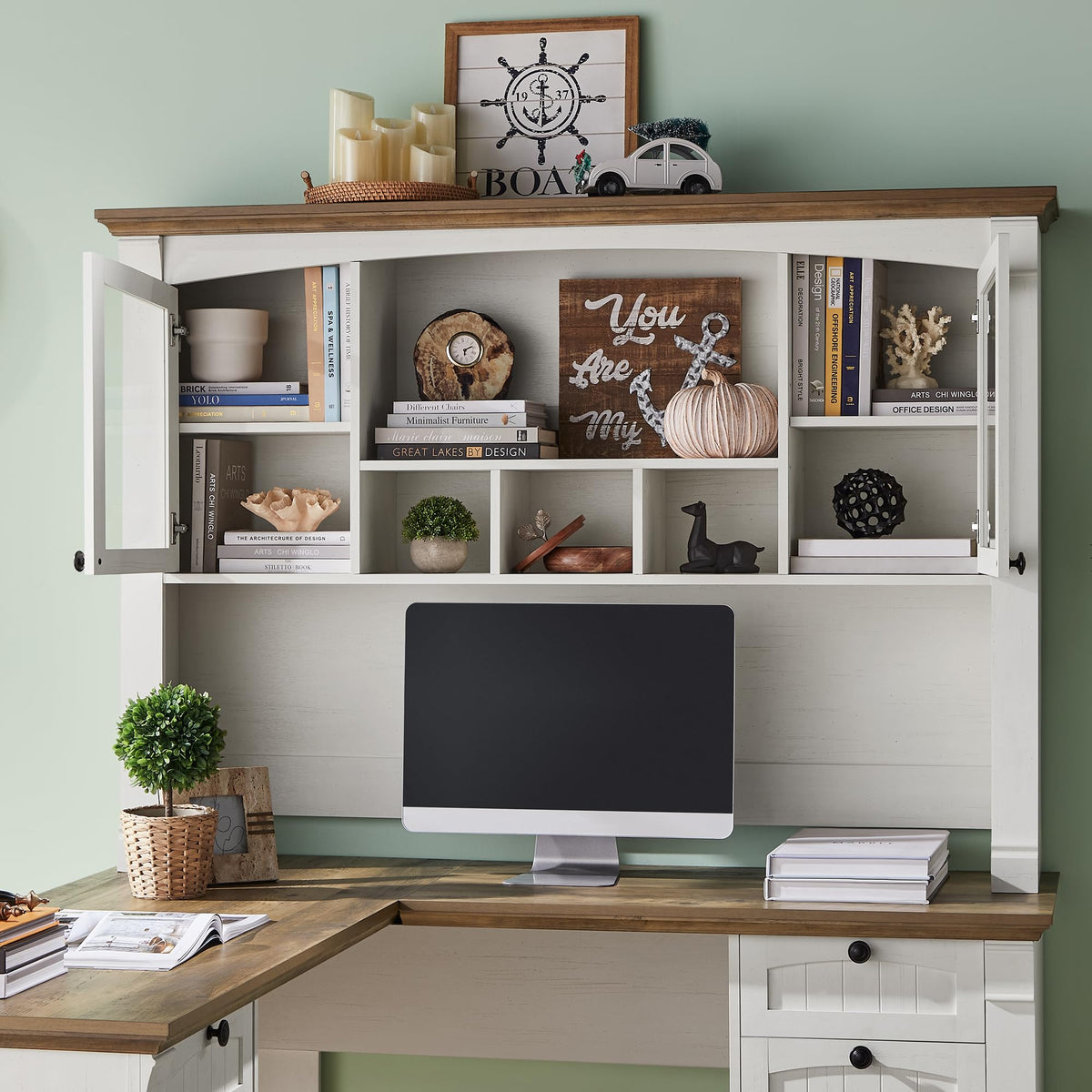 60" L Shaped Executive Desk with Hutch E596