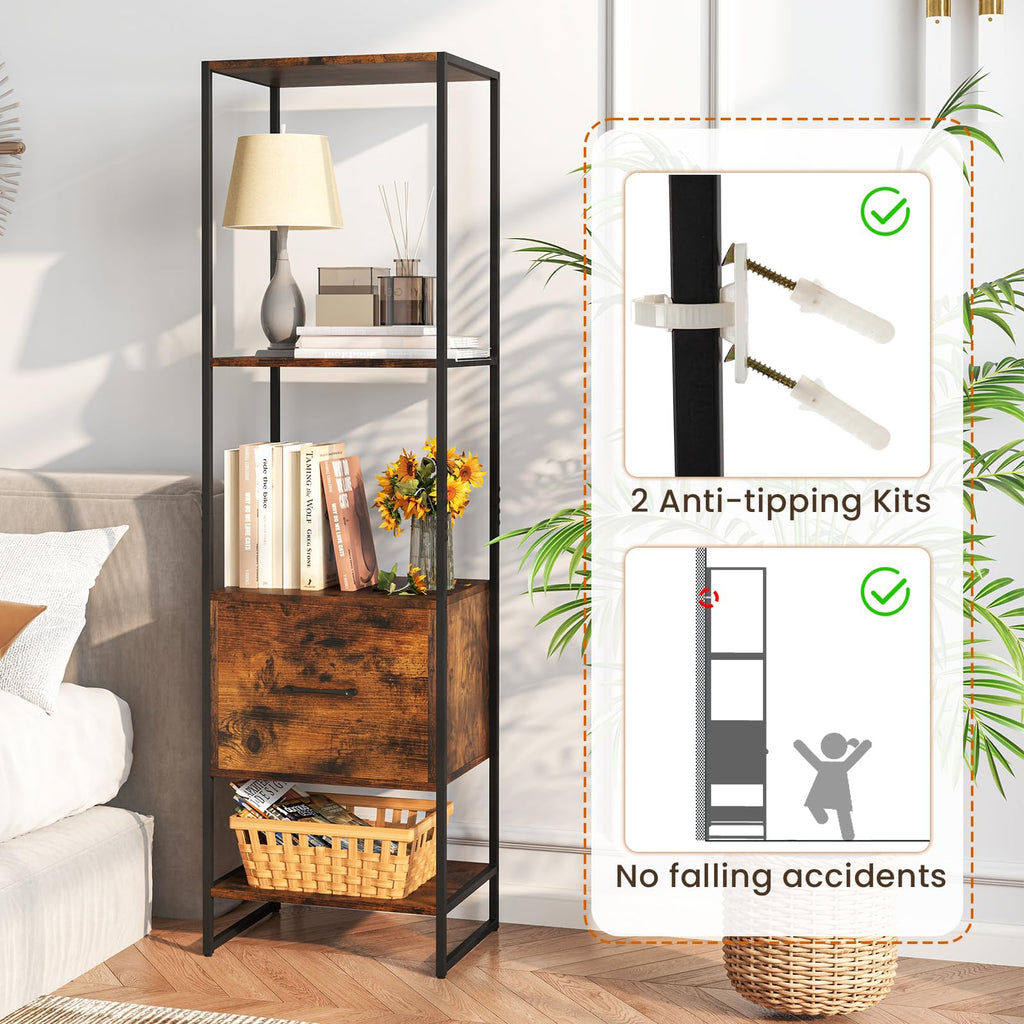 5-Tier Bookshelf with Drawer Narrow Bookcase V5410