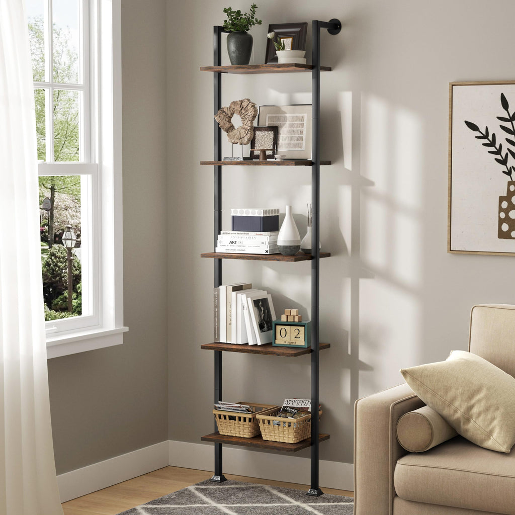 5-Tier Ladder Shelf Black Metal Frame Rustic Brown N46478