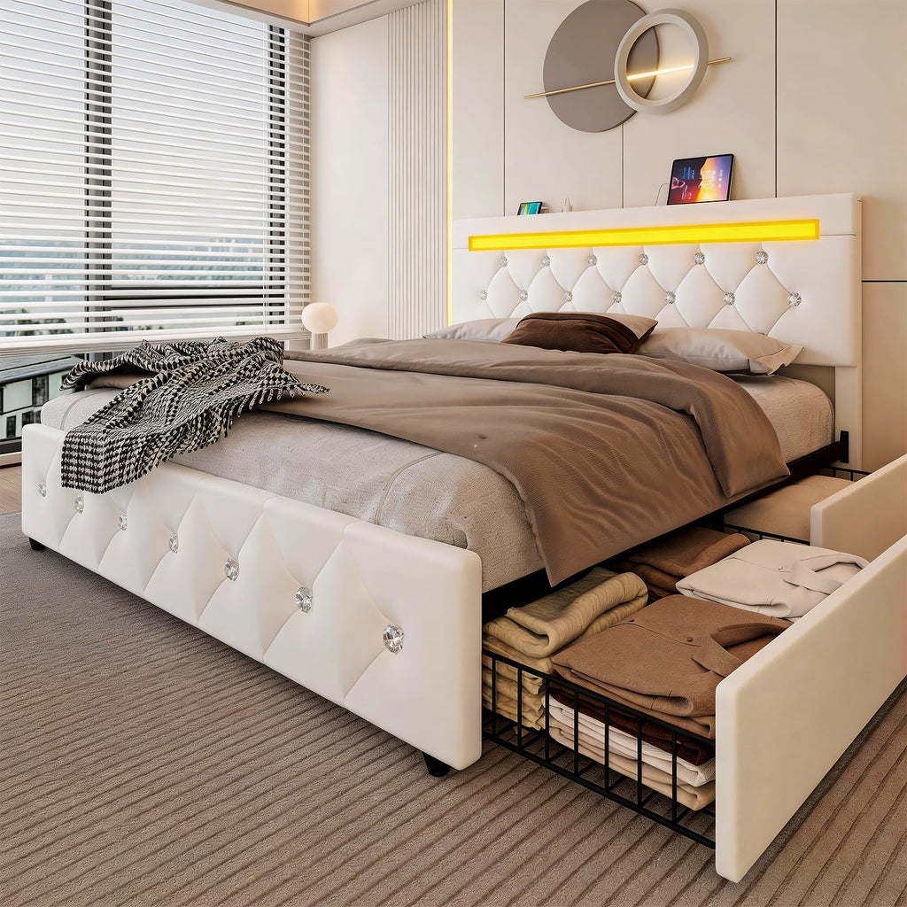 White Full Size Storage Bed with 4 Drawers and Adjustable Headboard Y4020