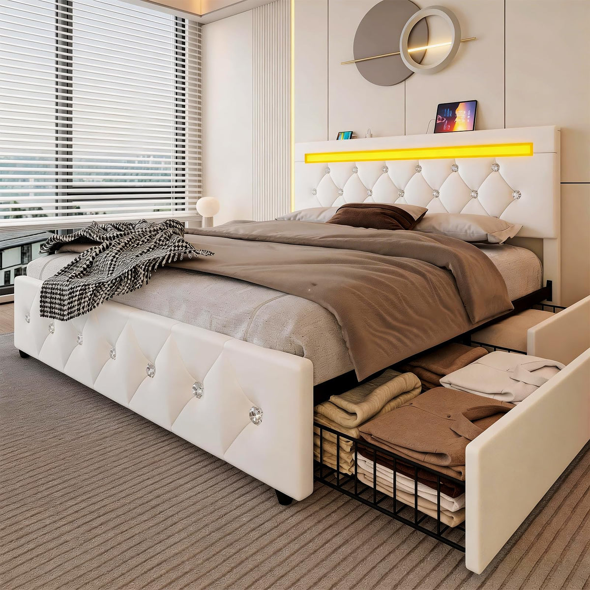 White Full Size Storage Bed with 4 Drawers and Adjustable Headboard Y4020