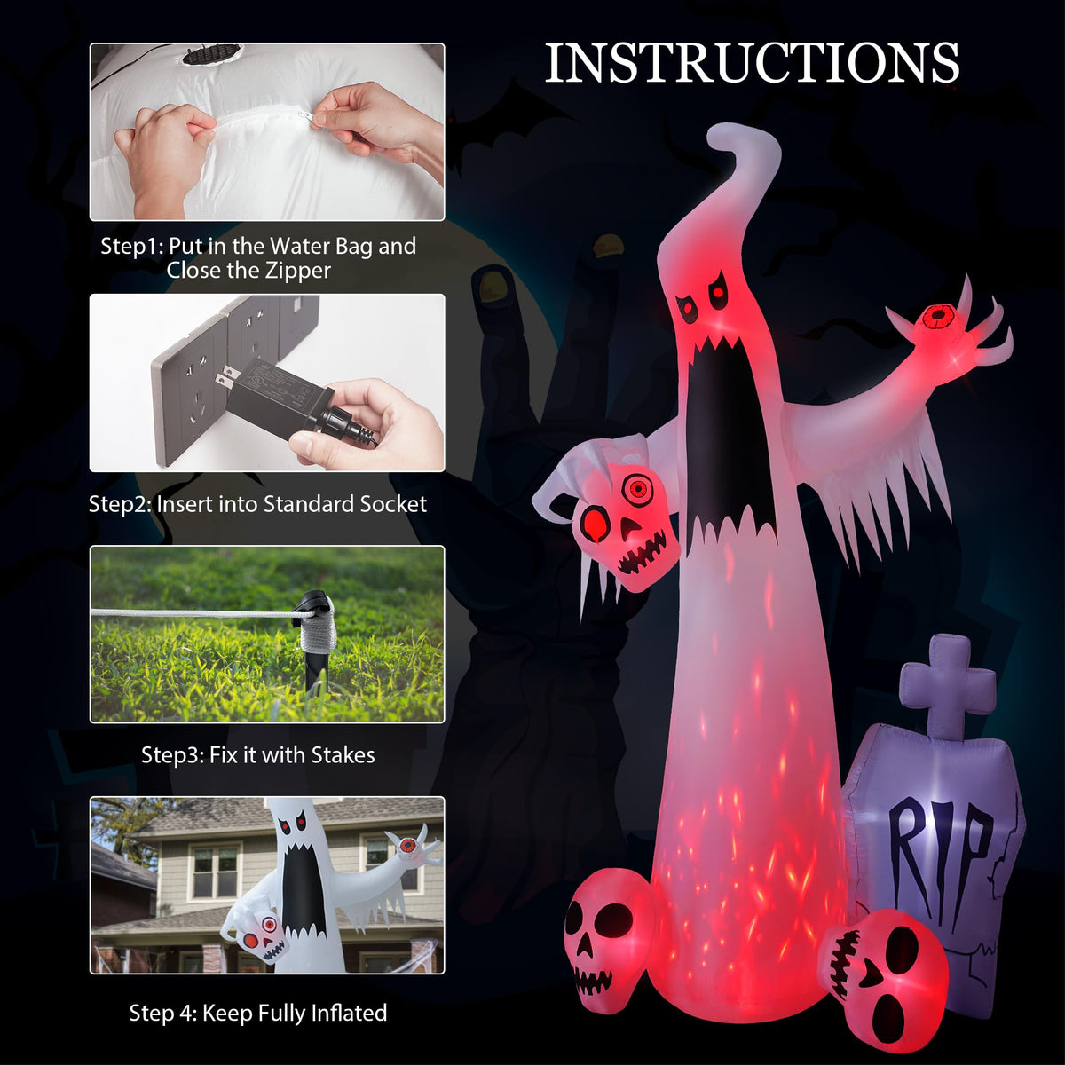12 FT Halloween Inflatables Ghost with 3 Skulls C9318