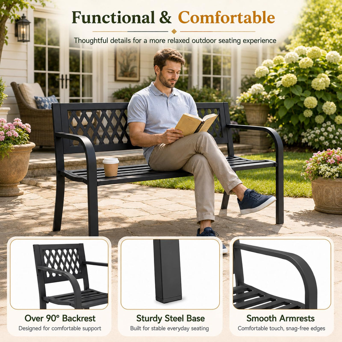 47" Black Outdoor Bench with Backrest X697