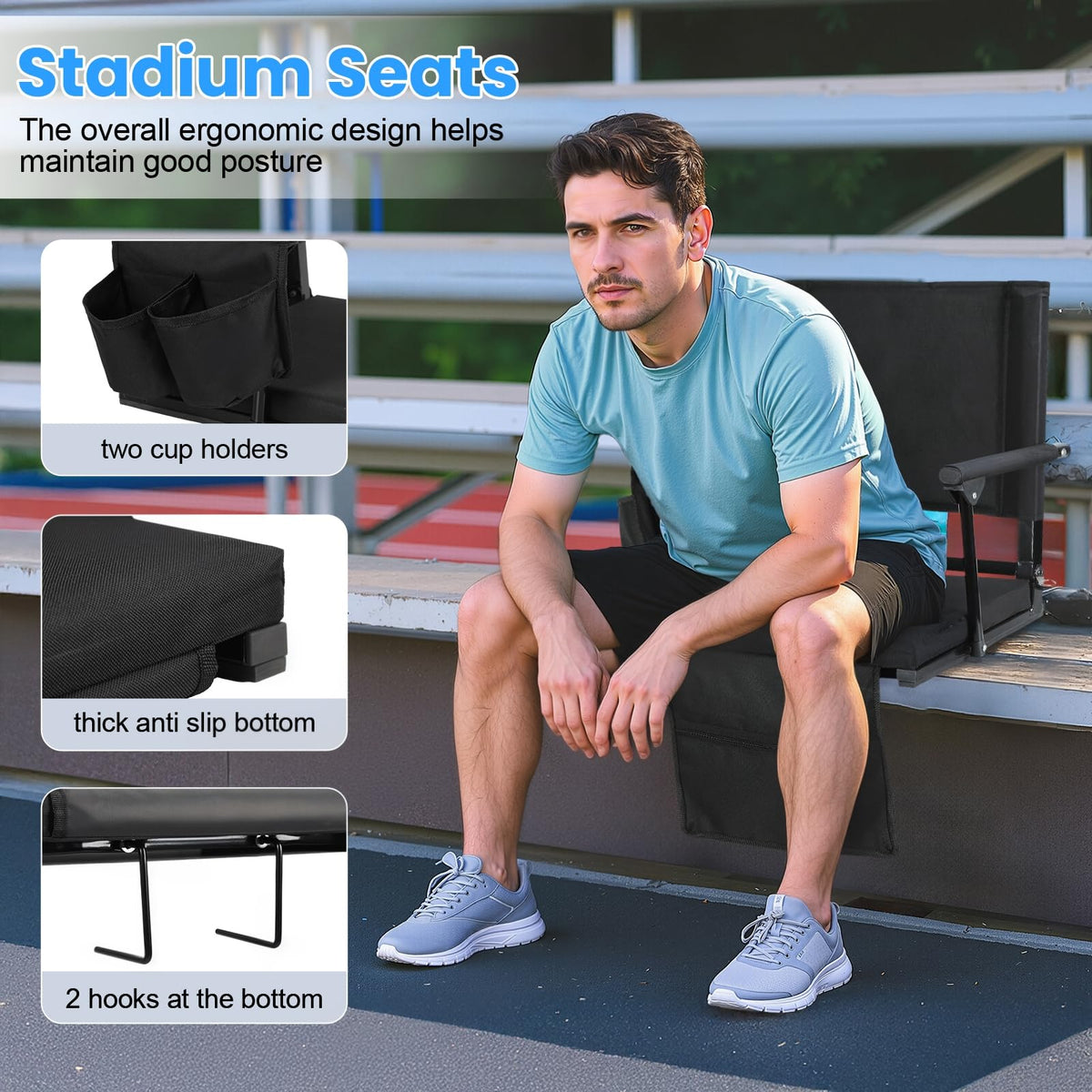 2 Pcs Folding Stadium Seats with Back Support & Cushion D16426