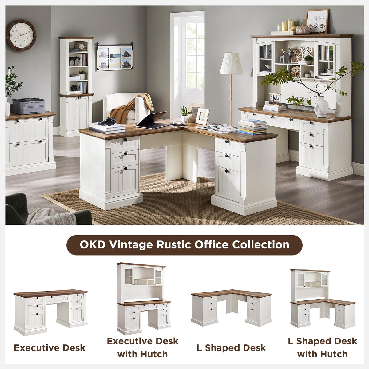 60" L Shaped Executive Desk with Hutch E596