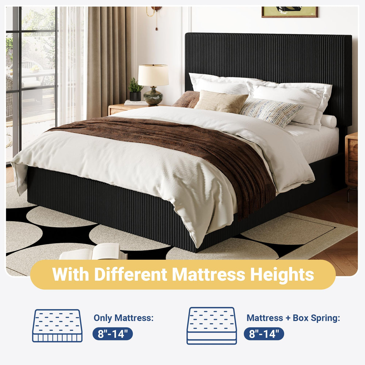 Queen Bed Frame with Adjustable Corduroy Headboard K99949