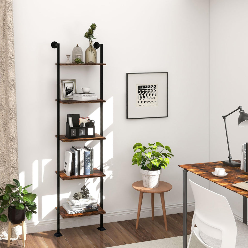 5-Tier Ladder Shelf Black Metal Frame Rustic Brown N46478