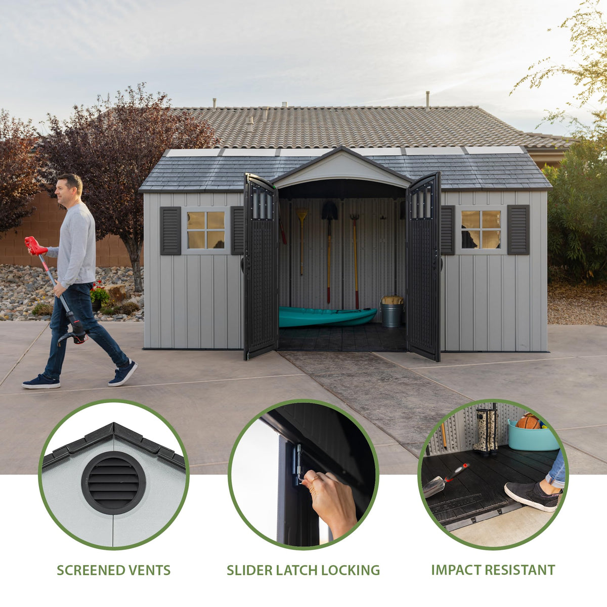 15x8 Ft Gray Resin Outdoor Storage Shed with Lockable Doors B455021