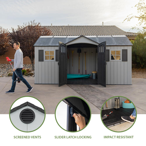 15x8 Ft Gray Resin Outdoor Storage Shed with Lockable Doors B455021
