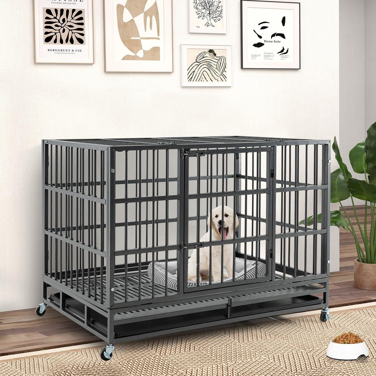 48 Inch Foldable Metal Dog Crate with 2 Lockable Doors W807331