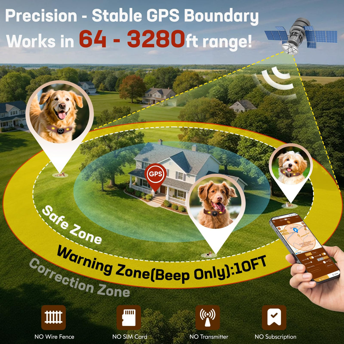 Wireless Dog Fence Collar, 64-3280ft Adjustable, Rechargeable IP7 Waterproof, Brown A1591