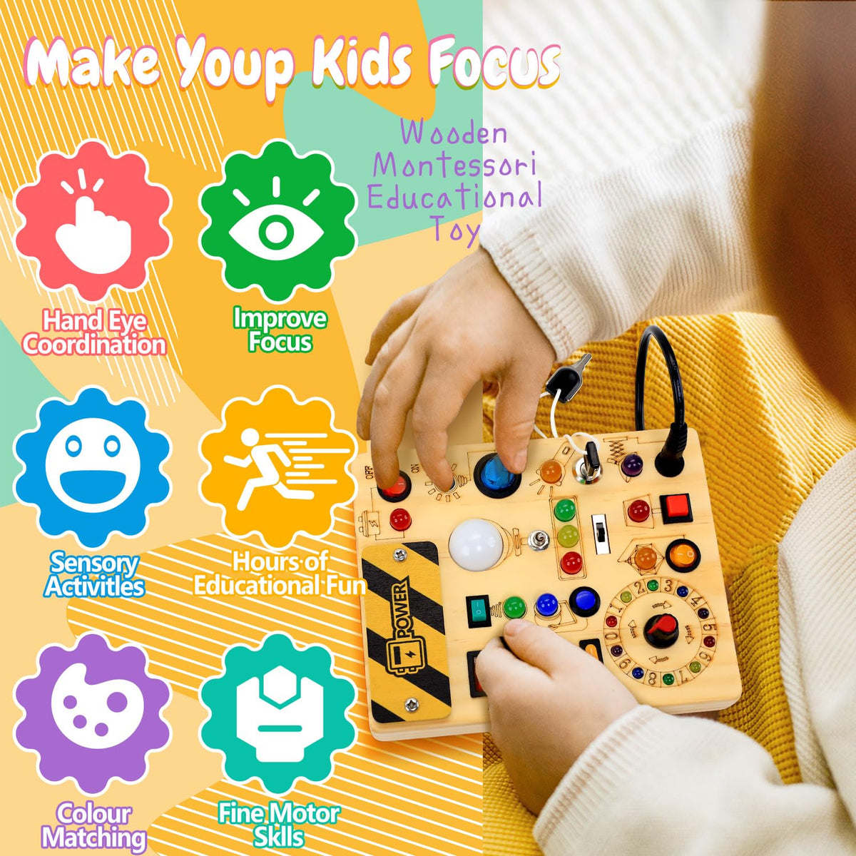 Wooden Sensory Activity Board with LED Light Switches B802066