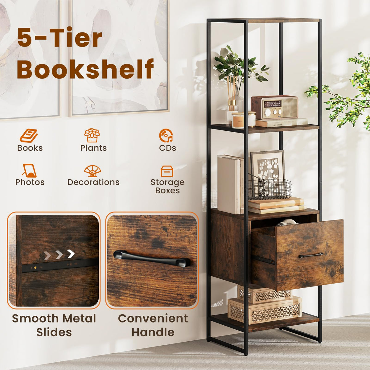 5-Tier Bookshelf with Drawer Narrow Bookcase V5410