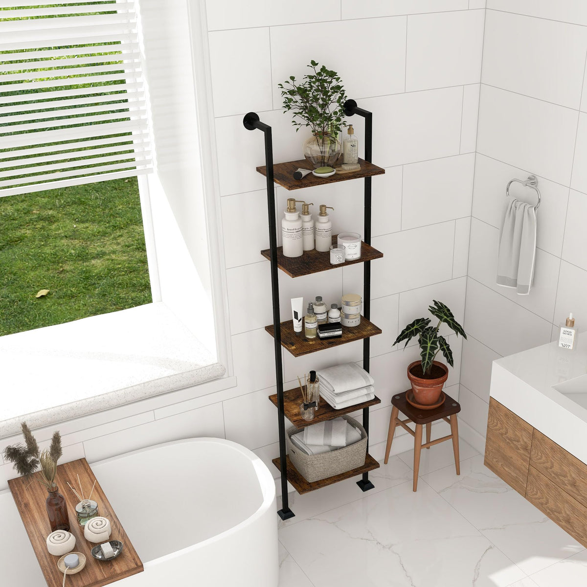 5-Tier Ladder Shelf Black Metal Frame Rustic Brown N46478