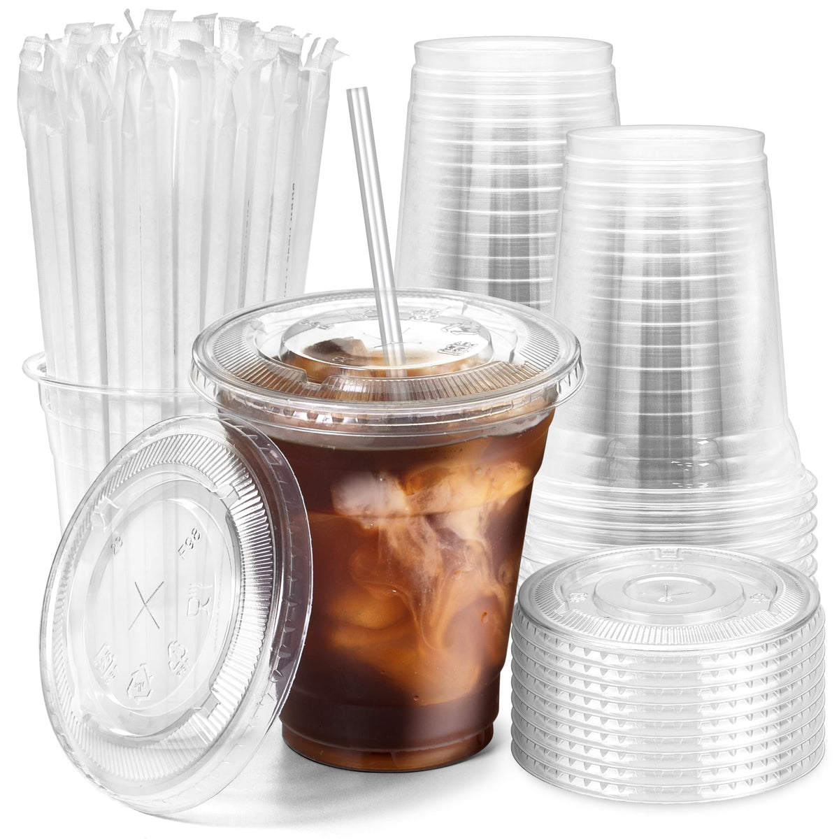 12 oz Clear Plastic Cups with Lids and Straws S7649