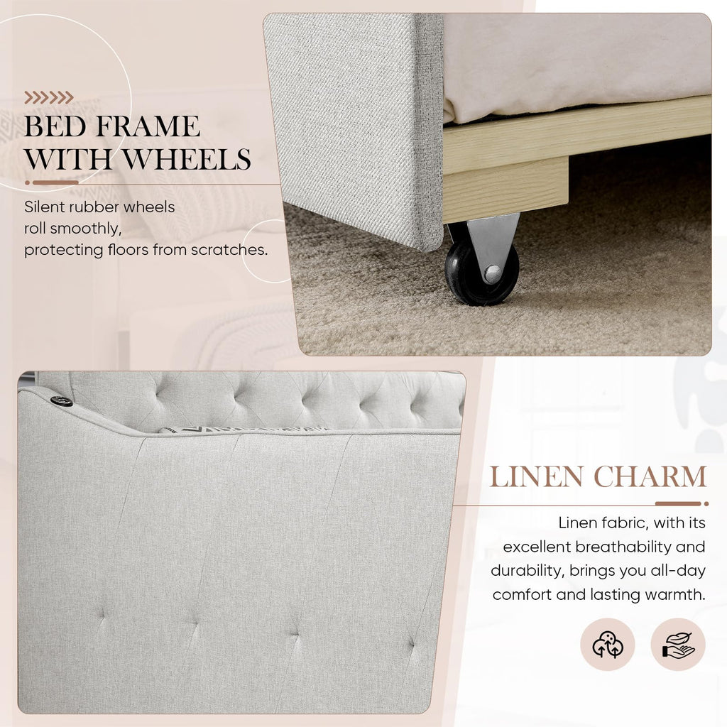 Beige Fabric Upholstered Twin Size Daybed with Pop up Trundle P5315