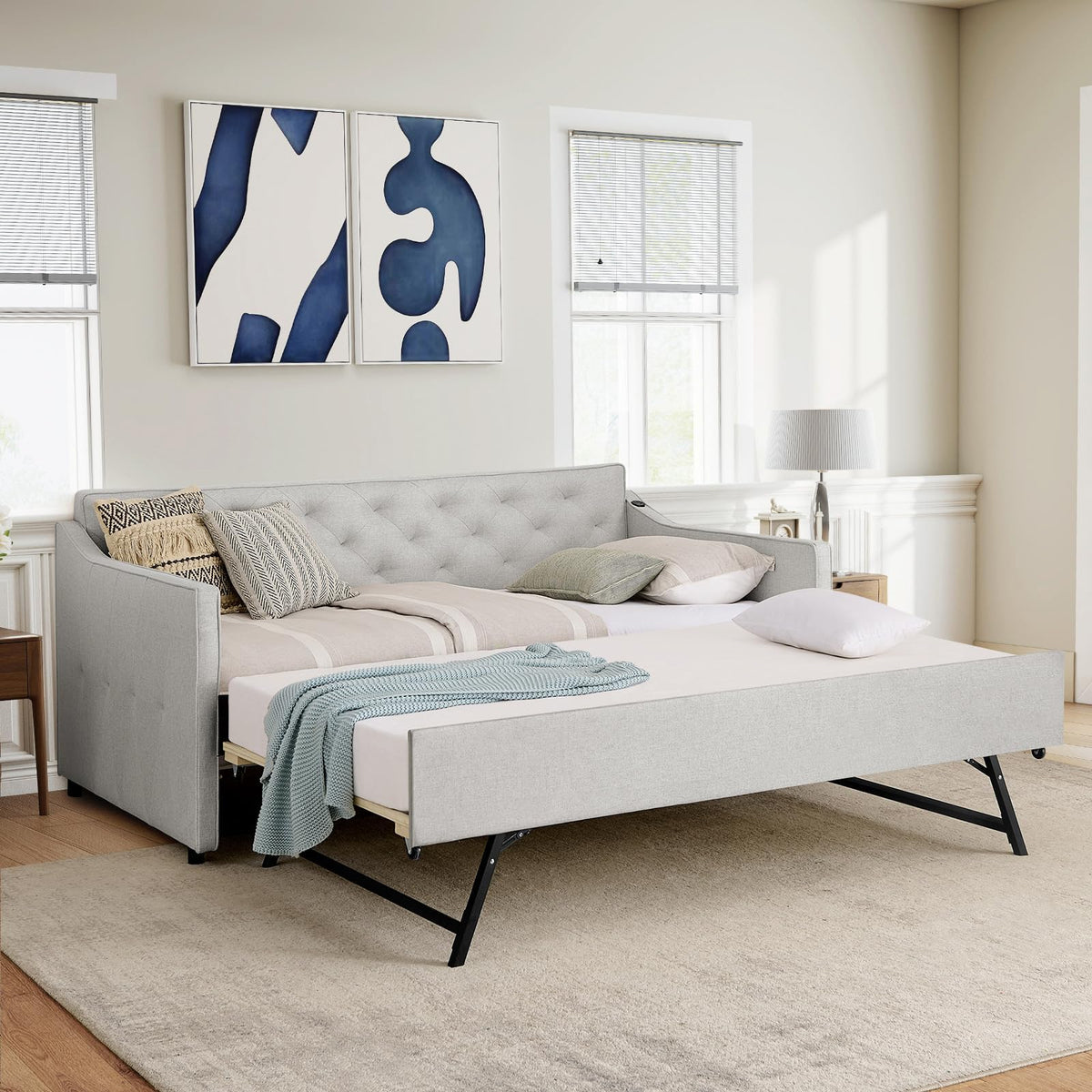 Beige Fabric Upholstered Twin Size Daybed with Pop up Trundle P5315