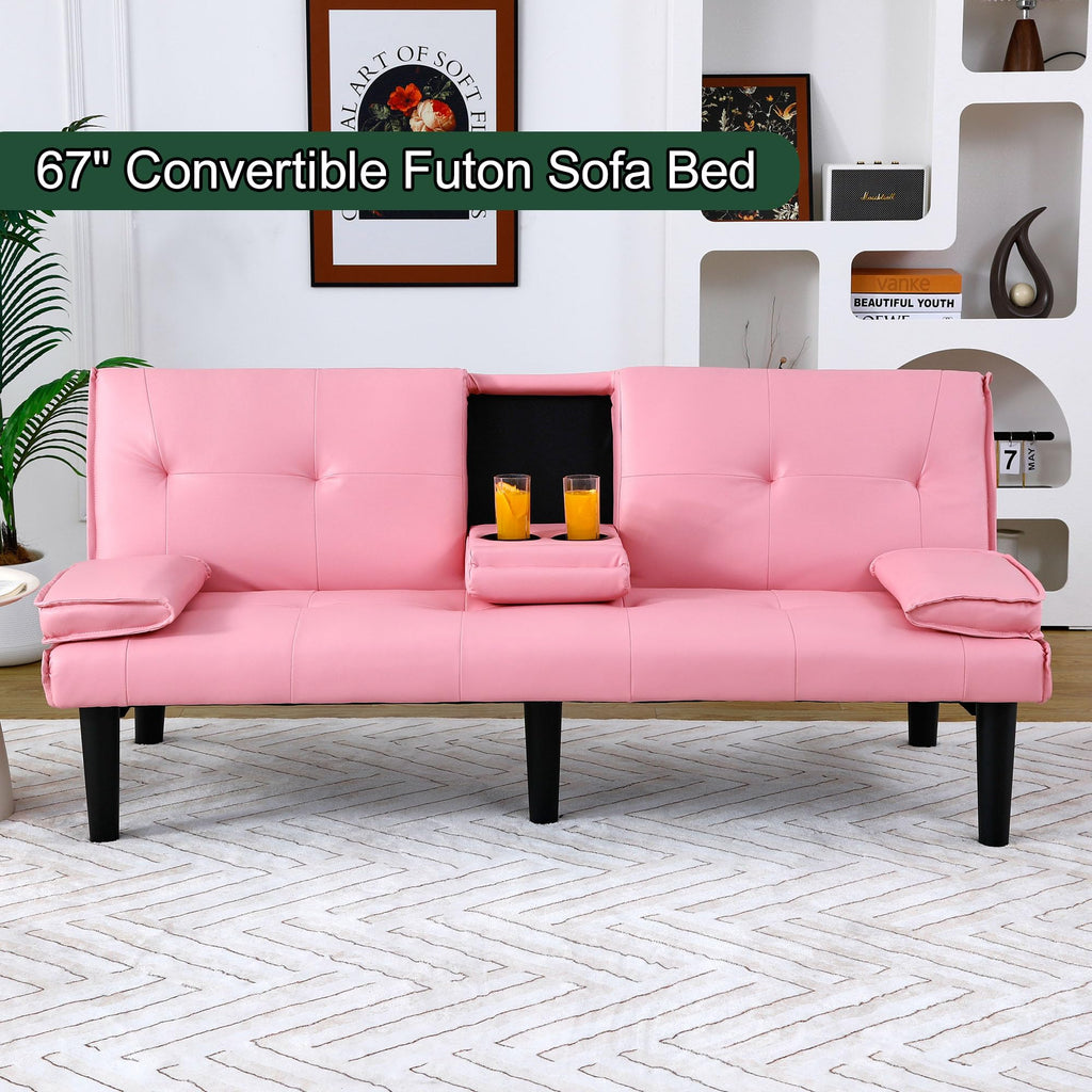 67" Convertible Sofa Bed with Cup Holders, Pink D27697