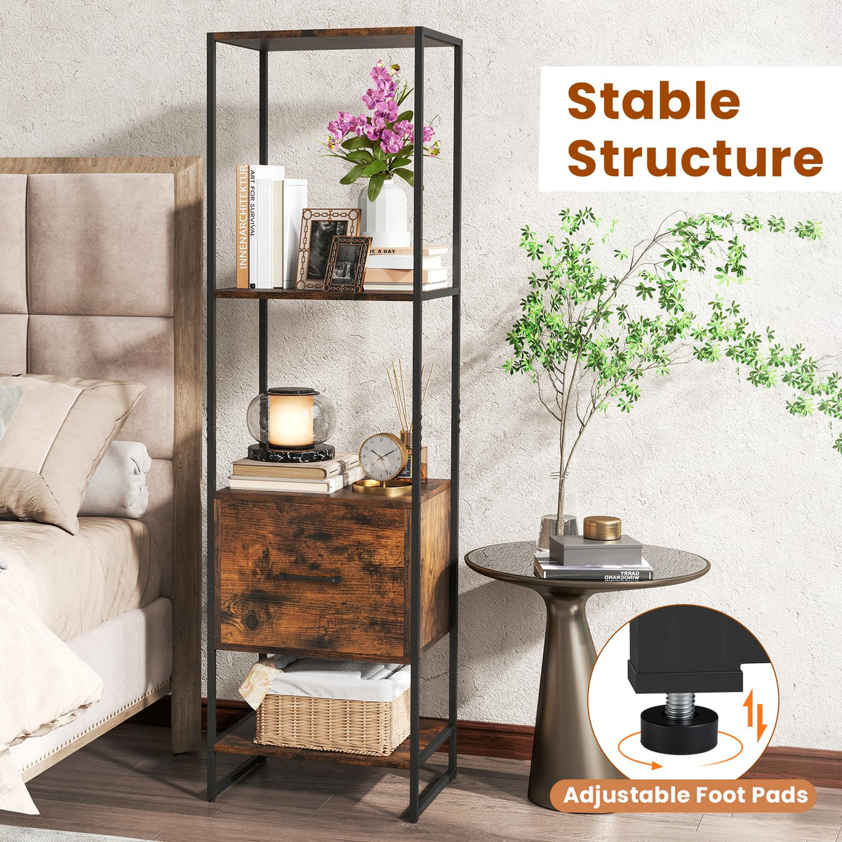 5-Tier Bookshelf with Drawer Narrow Bookcase V5410