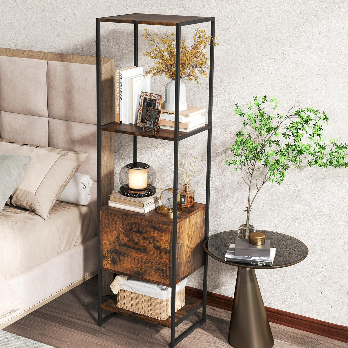 5-Tier Bookshelf with Drawer Narrow Bookcase V5410