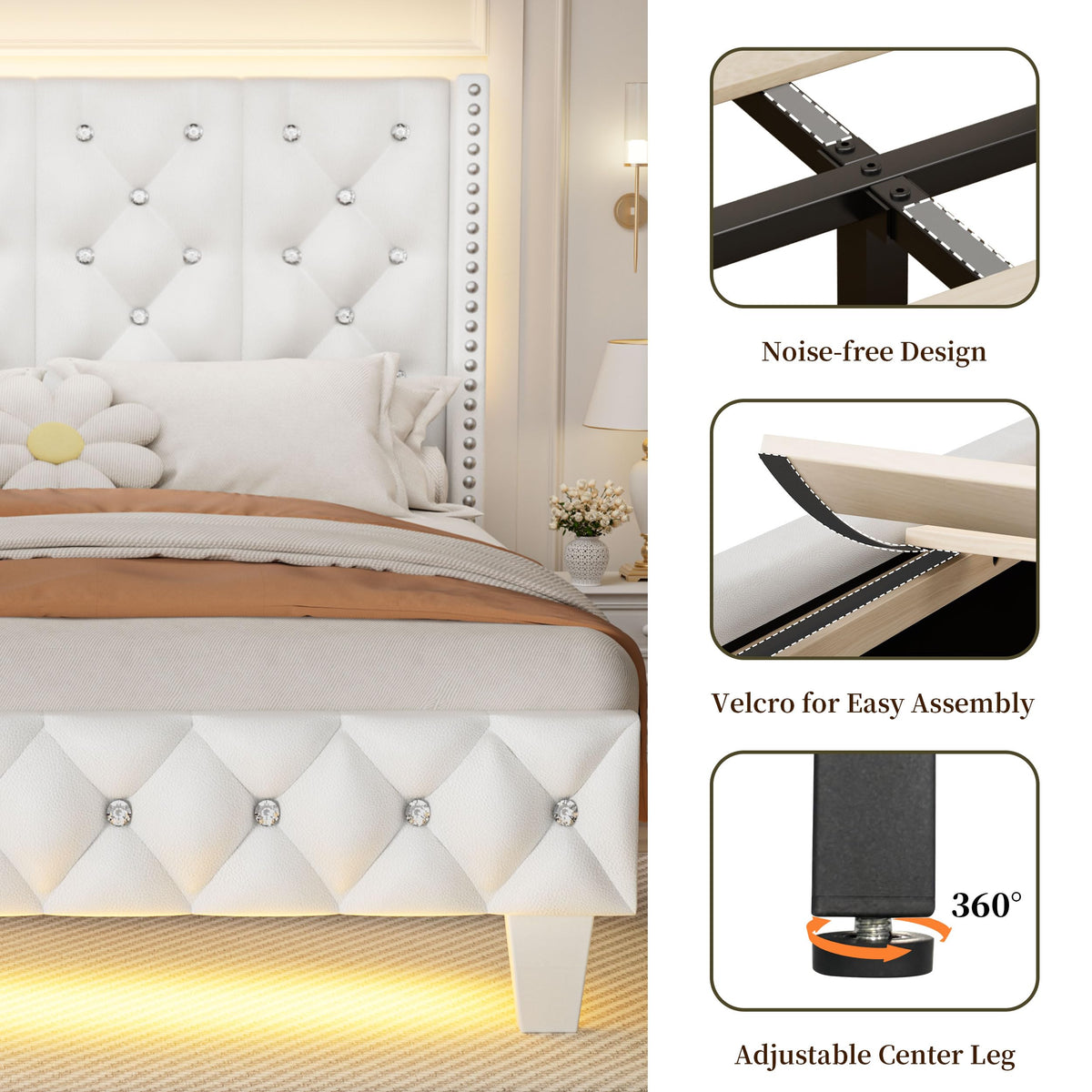 White Upholstered Full Size Bed Frame with Headboard A149802