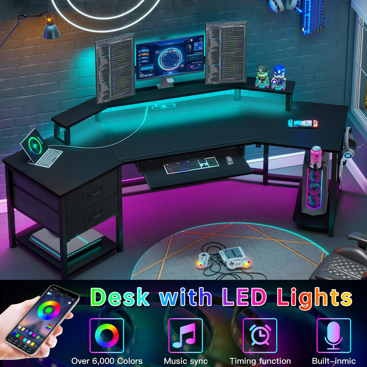 79" Gaming Desk with Fabric Drawers Storage X2021