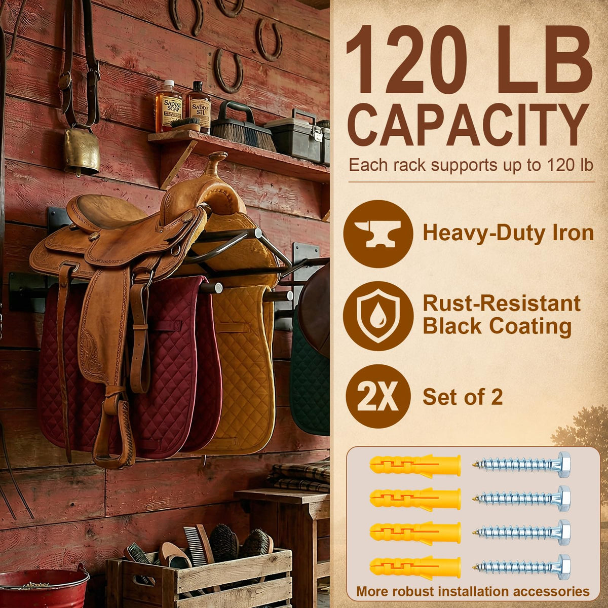 Wall Mounted Saddle Rack Set of 2, 120-lb Capacity Heavy Duty Iron Saddle Stand O677