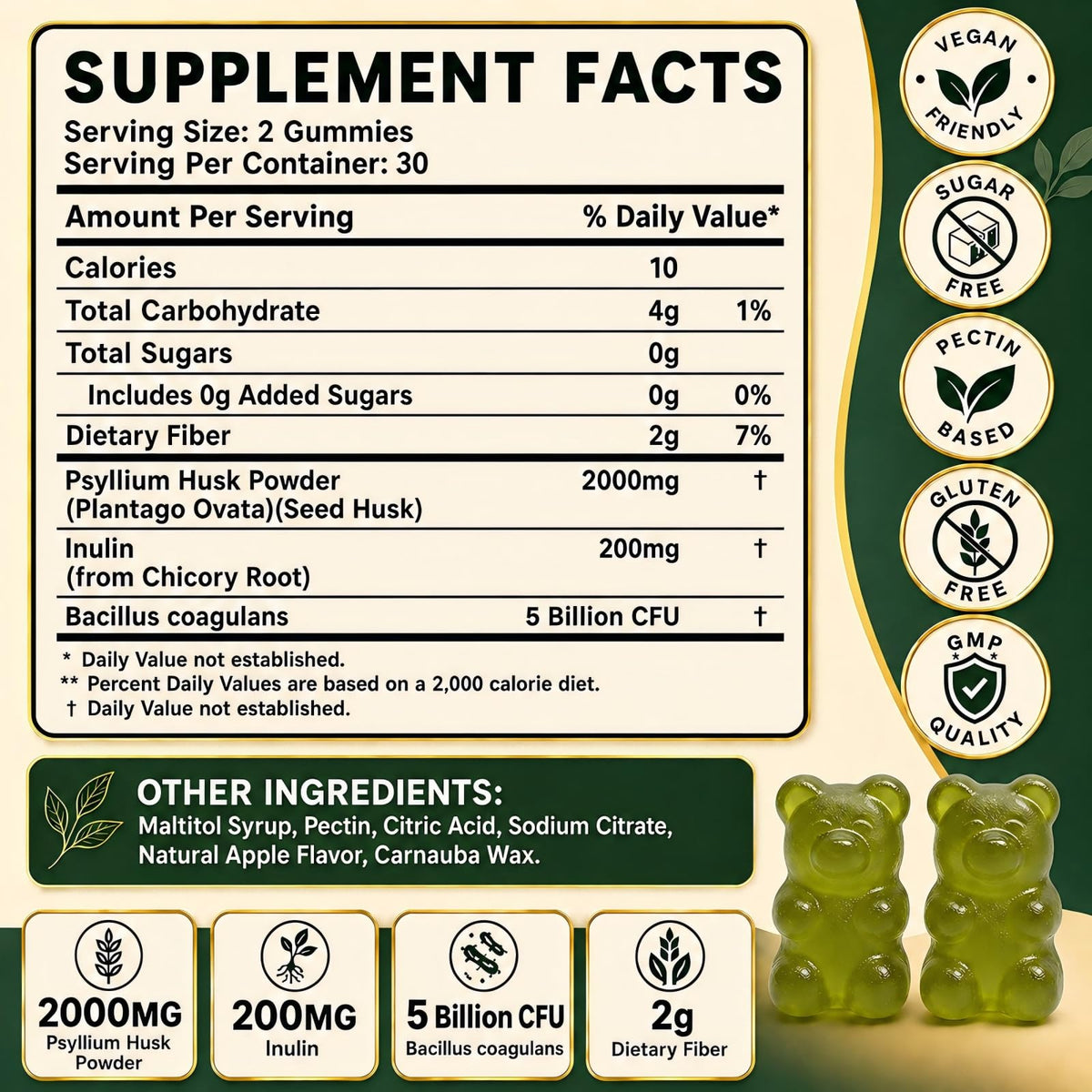 Sugar Free Psyllium Husk Gummies 2000mg 60 Count X9525