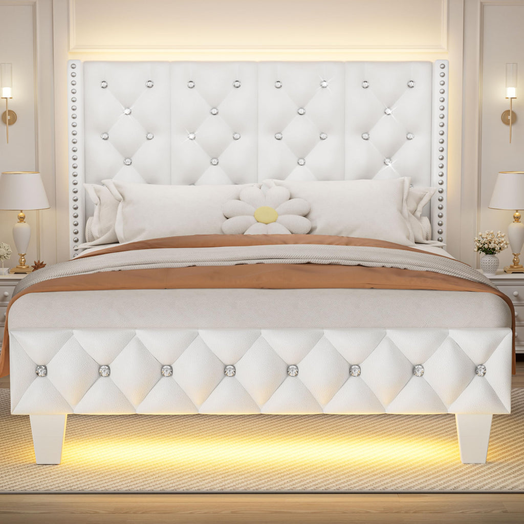 White Upholstered Full Size Bed Frame with Headboard A149802