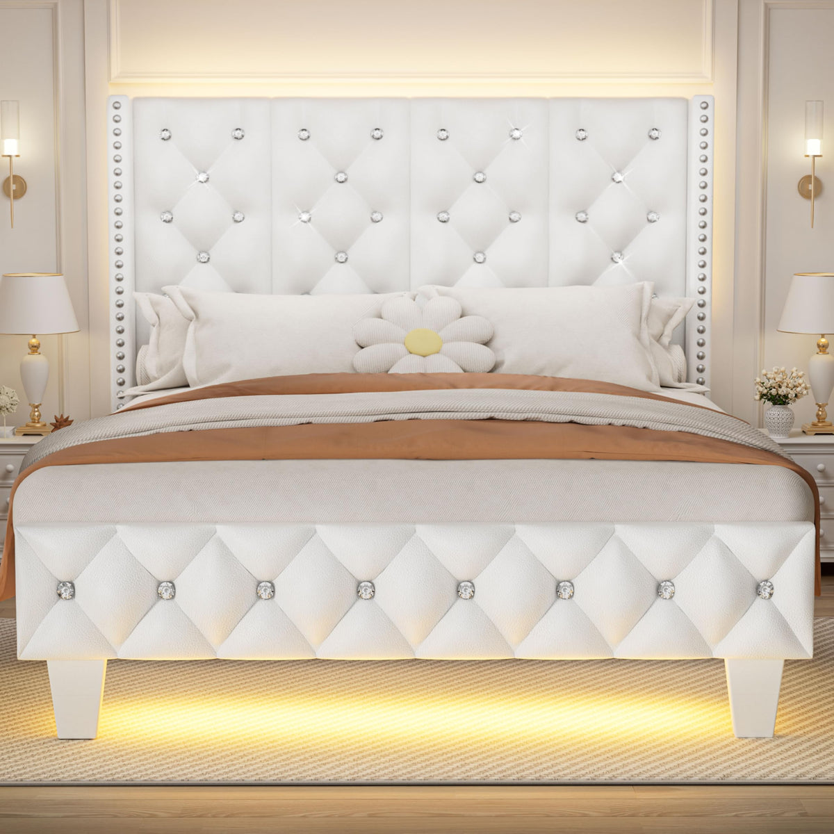 White Upholstered Full Size Bed Frame with Headboard A149802