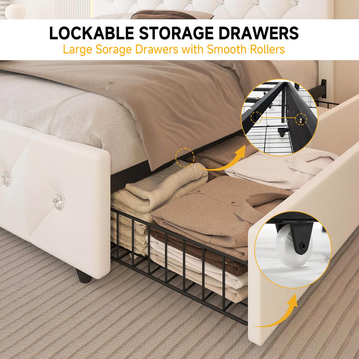 White Full Size Storage Bed with 4 Drawers and Adjustable Headboard Y4020