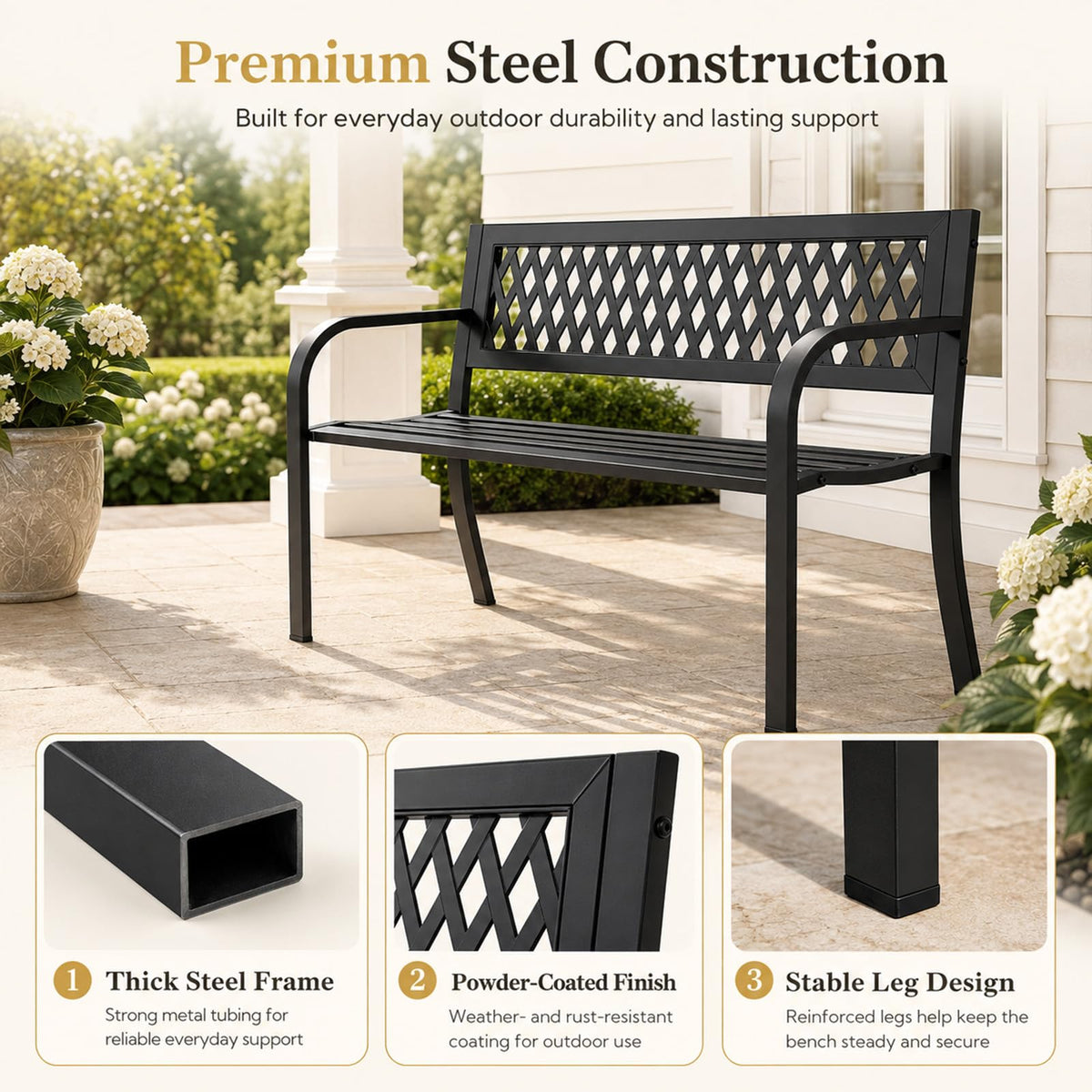47" Black Outdoor Bench with Backrest X697
