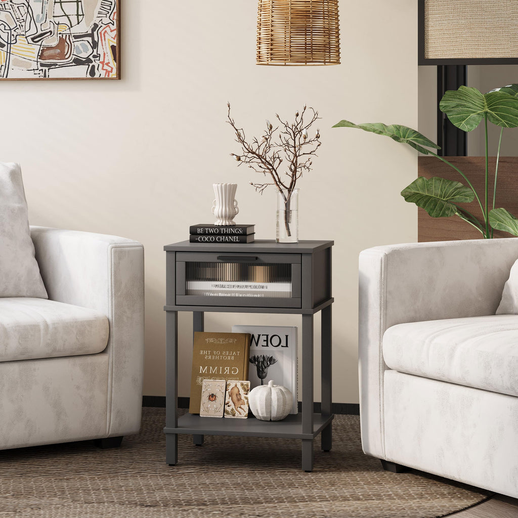 Grey Wooden Nightstand with Drawer and Storage Shelf V24022