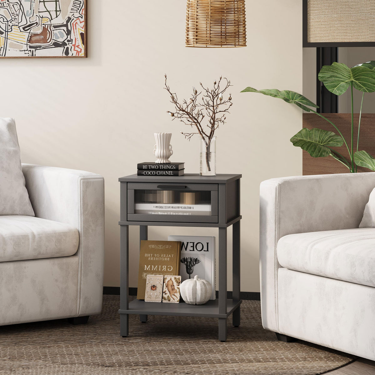 Grey Wooden Nightstand with Drawer and Storage Shelf V24022